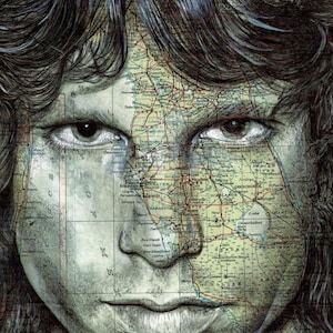 Stampa di un ritratto ispirato a Jim Morrison. Disegno a penna su una mappa della Florida. Formato A4 senza cornice.