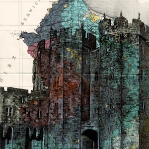 Impression d’art du château d’Alnwick. Dessin à la plume sur la carte de Northumberland. A4 sans cadre