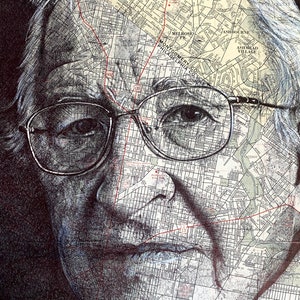 Noam Chomsky inspirierter Portrait Print. Stiftzeichnung über Stadtplan Philadelphia. A4 Ungerahmt