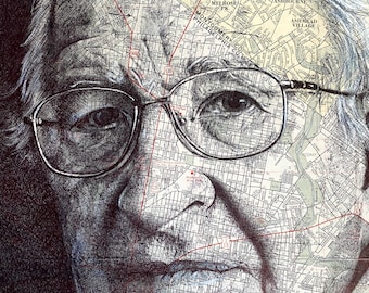 Portret inspirowany Noamem Chomskym. Rysunek piórem na mapie Filadelfii. A4 bez ramki