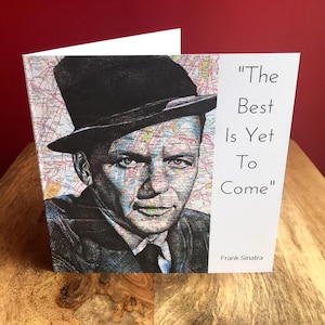 Biglietto di auguri di compleanno ispirato a Frank Sinatra. Disegno sulla mappa di New York. Interno vuoto