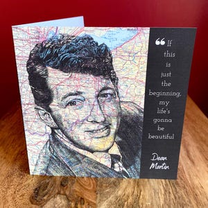 Tarjeta de felicitación de cumpleaños inspirada en Dean Martin. Dibujo sobre un mapa de Ohio. Interior en blanco