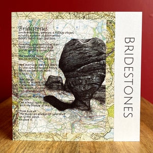 Bridestones Rock-wenskaart. Pentekening op de kaart van Todmorden (West-Yorkshire). Blanco binnenkant