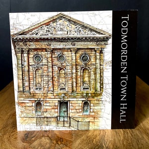 Biglietto di auguri di compleanno per il municipio di Todmorden. Disegno a penna sulla mappa. Vuoto all'interno