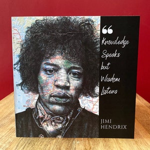 Op Jimi Hendrix geïnspireerde verjaardagsgroet. Tekening op kaart. Blanco binnenkant