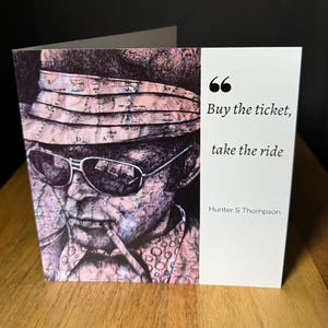 Hunter S Thompson inspirierte Grußkarte. Zeichnung auf Landkarte. Kaufe das Ticket. Innen leer