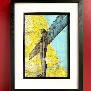 Angel of the North Art Print. Pen drawing over map of Gateshead . A4 Unframed