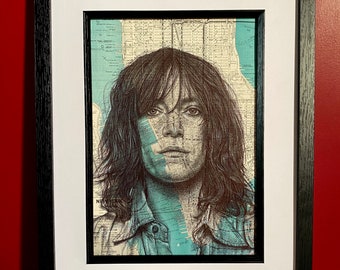 Patti Smith inspired Portrait Print. Pen drawing over map of New York. A4 Unframed