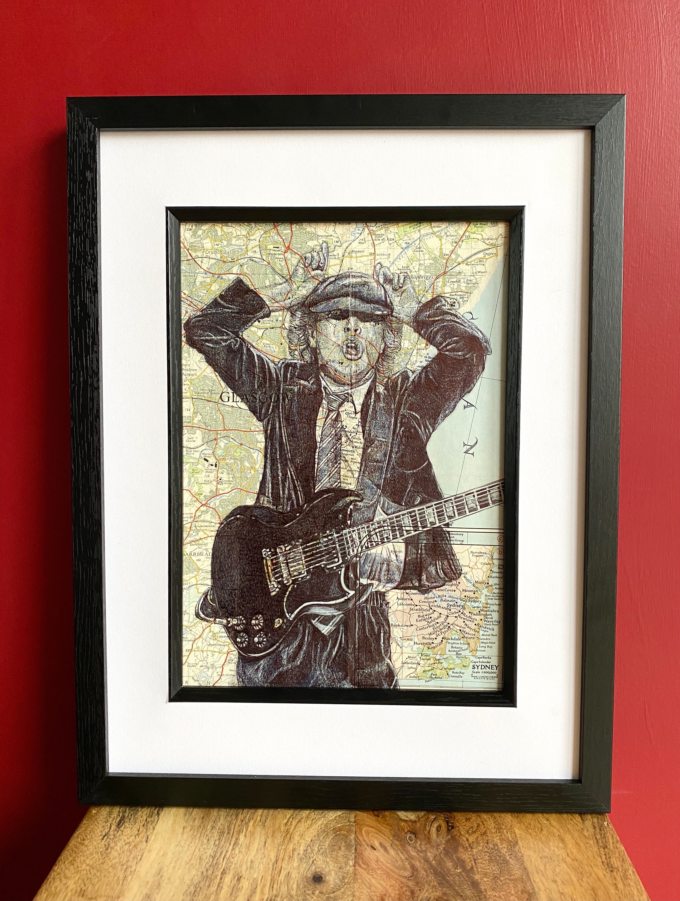 Angus Young ACDC Inspired Portrait Print. Pen Drawing Over Map of ...