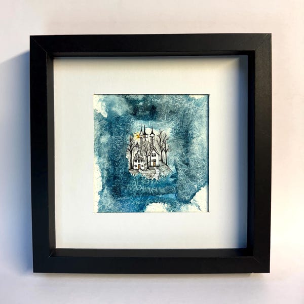 Little Houses Illustration Art Blue Pen & Ink Framed 17x17cm Original