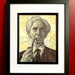 Impression portrait inspirée de Bertrand Russell. Dessin à la plume sur la carte de Trelleck, Pays de Galles . A4 sans cadre