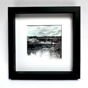Black & White Abstract Landscape. Original Art Framed 17x17cm