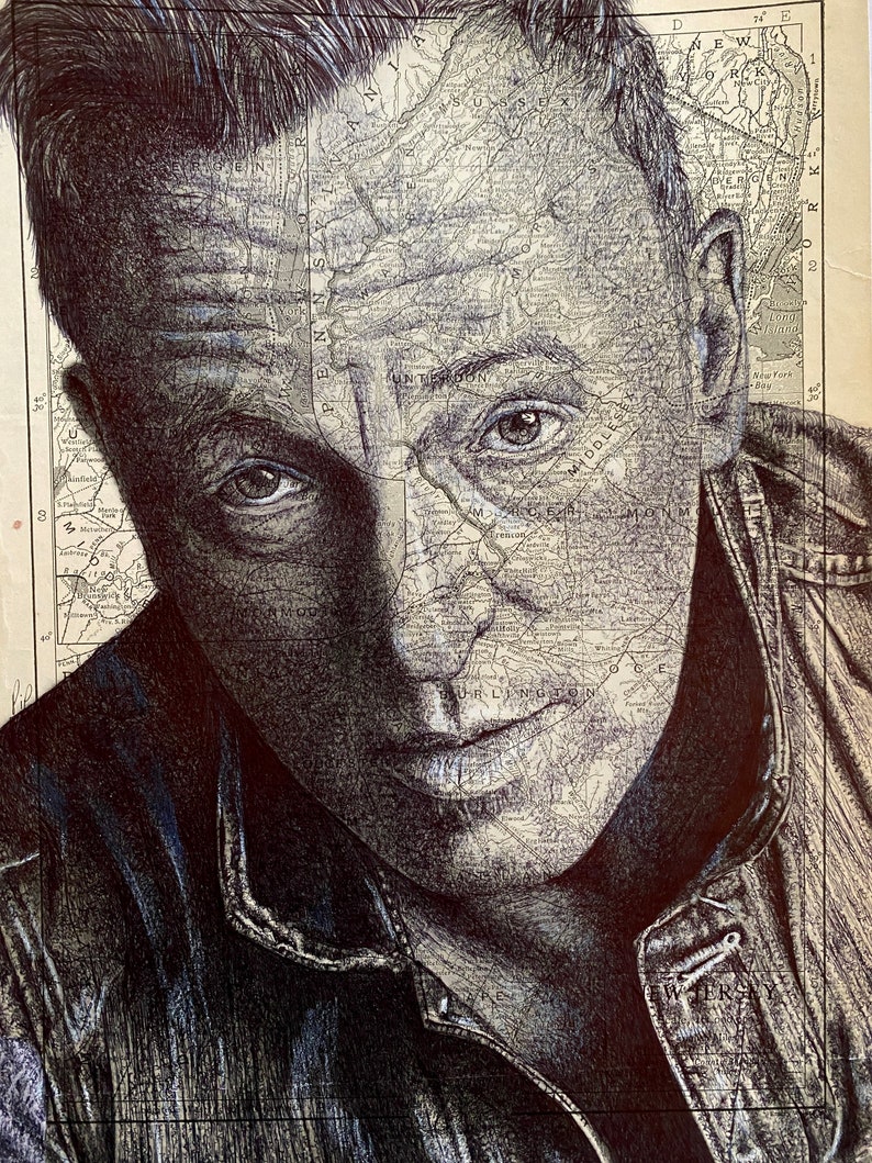 Bruce Springsteen Inspired Portrait Print. Pen Drawing Over Map of New ...