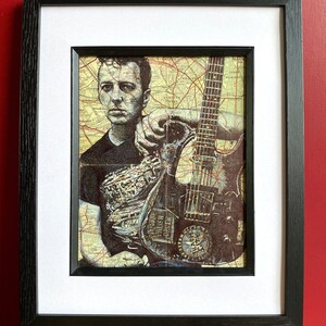 Joe Strummer inspirierter Portrait Print. Stiftzeichnung über Stadtplan von London. A4 Ungerahmt