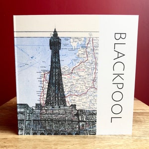 Tarjeta de cumpleaños de felicitación de la torre de Blackpool. Mapa de Lancashire. En blanco por dentro