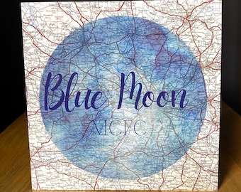 Blue Moon Manchester Greeting Birthday Card. Map Manchester City. Blank inside