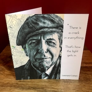 Leonard Cohen inspiriert Geburtstagskarte. Zeichnung auf Stadtplan von Montreal. Innen leer