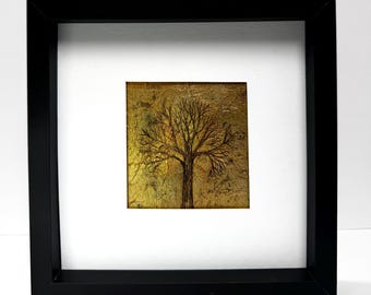 Goldbaum Originalkunstwerk gerahmt. 17x17 cm