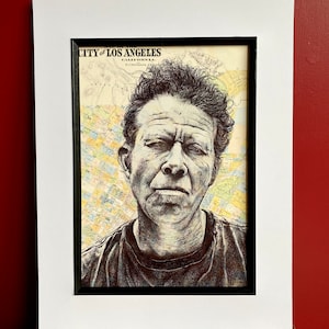 Stampa ritratto ispirata a Tom Waits. Disegno a penna sulla mappa di Los Angeles. A4 senza cornice