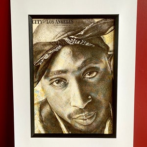 Impression portrait inspirée de Tupac 2Pac Shakur. Dessin à la plume sur la carte de Los Angeles . A4 sans cadre