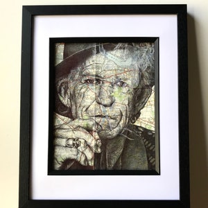 Keith Richards a inspiré Portrait Print. Dessin à la plume sur la carte de Londres. A4 sans cadre