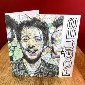 Pogues Shane MacGowan Inspired Greeting Birthday Card. Disegno sulla mappa di Londra. Interno vuoto
