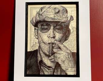 Portret inspirowany Hunterem S. Thompsonem. Rysunek piórem na mapie Kentucky. Format A4, bez ramki.