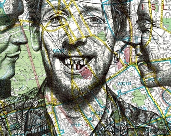 The Pogues Shane MacGowan Inspired Portrait Print. Pen drawing over map of Kings Cross London. A4 Unframed