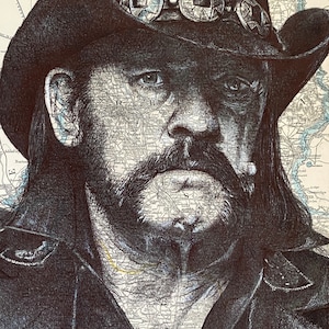 Lemmy Mötorhead inspirierter Portrait Print. Stiftzeichnung über Landkarte von Staffordshire. A4 Ungerahmt