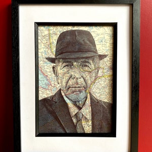 Leonard Cohen inspirierter Portrait Print. Federzeichnung über Karte von Montreal Kanada. A4 Ungerahmt