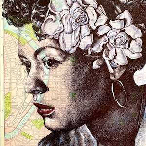 Billie Holiday inspirierter Portrait Print. Stiftzeichnung über Stadtplan Philadelphia. A4 Ungerahmt