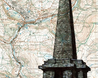 Stoodley Pike Monument Art Print. Pen drawing over map of Todmorden Hebden Bridge. A4 Unframed