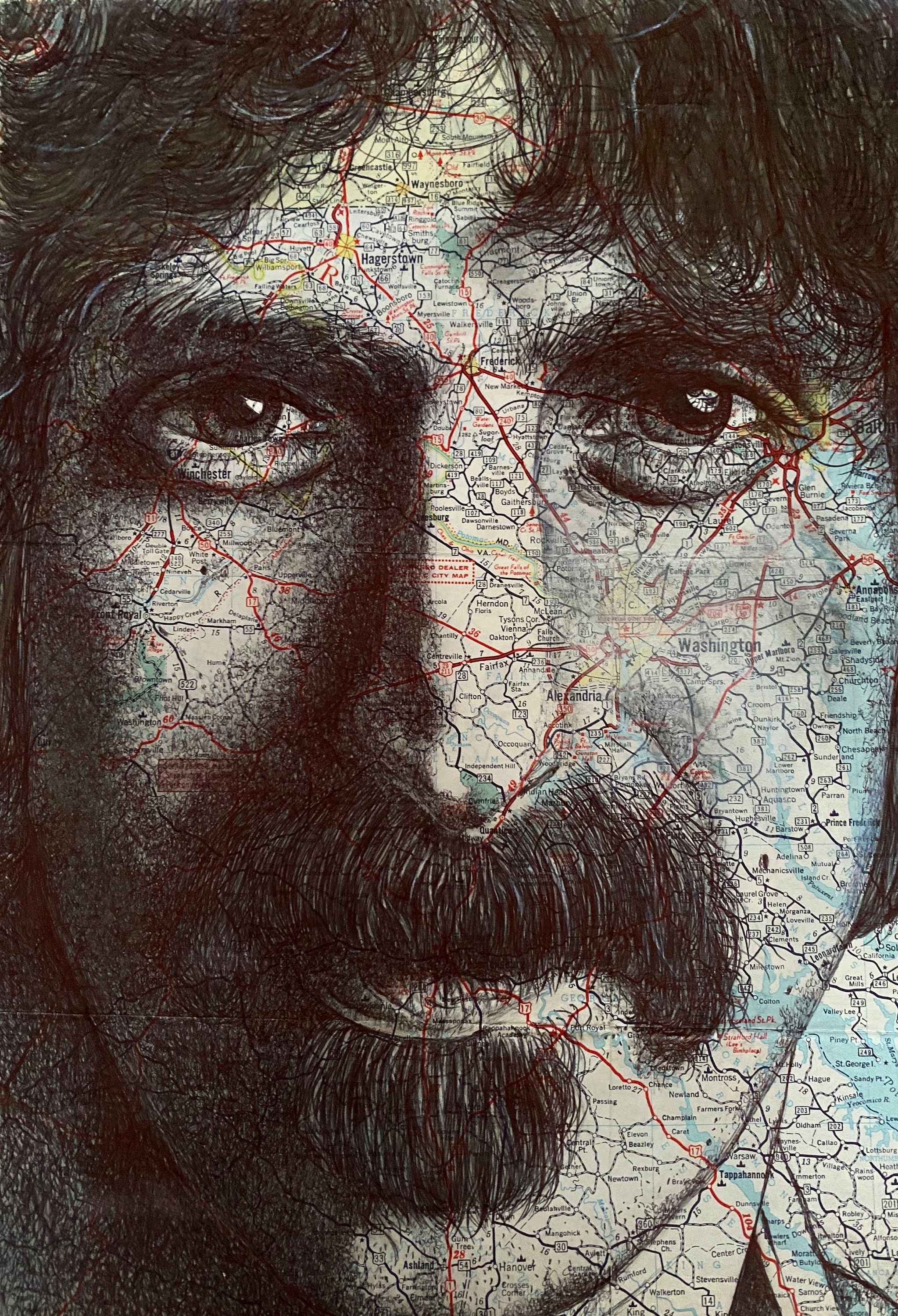 Frank Zappa inspired Portrait Print. Pen drawing over map of Baltimore . A4 Unframed