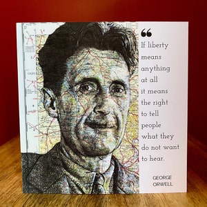 George Orwell inspirierte Geburtstagskarte. Zeichnung auf Landkarte. Innen leer