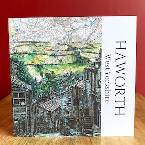 Haworth Brontès-verjaardagskaart. Pentekening over kaart West-Yorkshire.