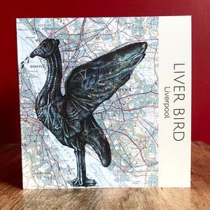 Liver Bird Inspired Greeting Birthday Card. Drawing on map of Liverpool