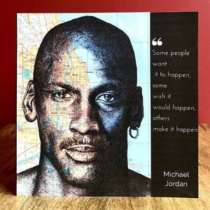 Michael Jordan inspirierte Gruß-Geburtstagskarte. Zeichnung auf Stadtplan von Chicago. Innen leer