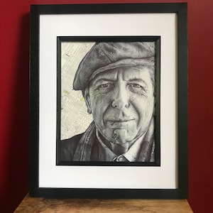 Leonard Cohen inspirierter Portraitdruck. Stiftzeichnung über Landkarte von Montreal, Kanada. A4 Ungerahmt