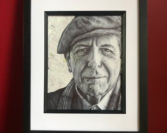 Portret inspirowany Leonardem Cohenem. Rysunek piórem na mapie Montrealu w Kanadzie. Format A4, bez ramki.