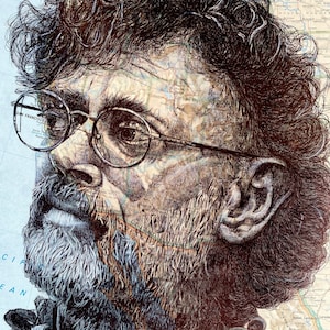 Ein von Terence McKenna inspirierter Portraitdruck. Stiftzeichnung über Landkarte von Kalifornien. 21x25cm Ungerahmt