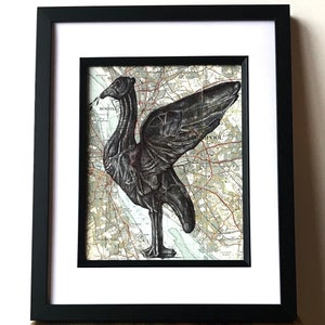 Leber Vogel Kunstdruck. Stiftzeichnung über Karte von Manchester. A4 Ungerahmt