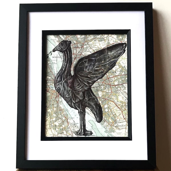 Liver Bird Art Print. Pen drawing over map of Liverpool . A4 Unframed