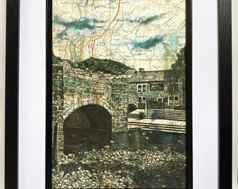 Grafika artystyczna "Hebden Bridge Packhorse Bridge". Rysunek piórem na mapie. Format A4, bez ramki.