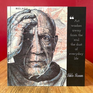 Pablo Picasso Inspired Greeting Birthday Card. Drawing on map Malaga. Blank inside