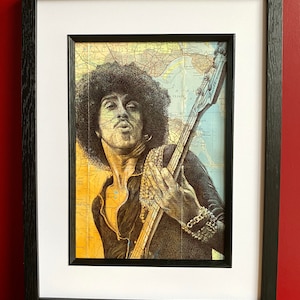 Phil Lynott Thin Lizzy Inspired Portrait Print. Pen drawing over map of Dublin. A4 Unframed