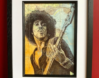 Phil Lynott Thin Lizzy Inspired Portrait Print. Pen drawing over map of Dublin. A4 Unframed
