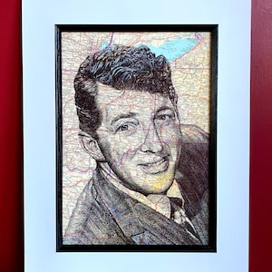 Dean Martin inspirierter Portrait Print. Stiftzeichnung über Landkarte von Ohio. A4 Ungerahmt