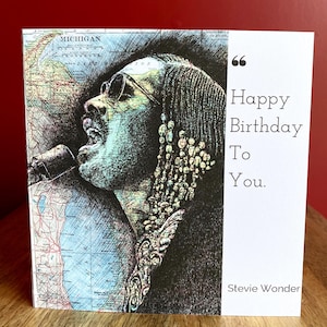 Carte d'anniversaire inspirée de Stevie Wonder. Dessin sur la carte du Michigan. Blanc à l'intérieur