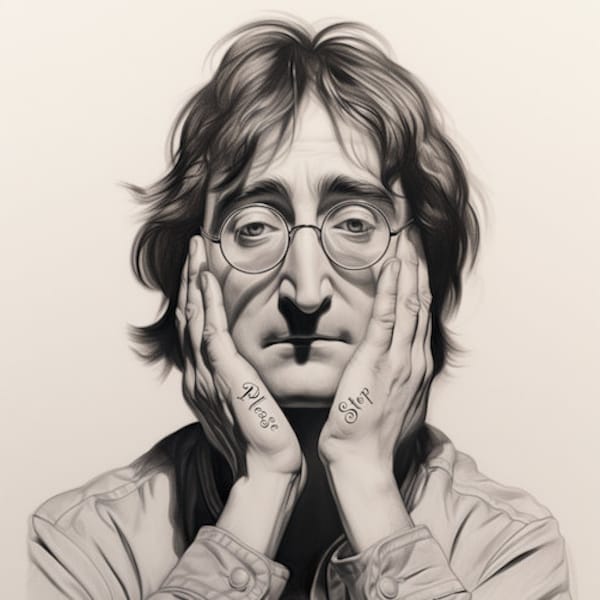 John Lennon Caricature Art Pencil Image with Please Stop Tattoo