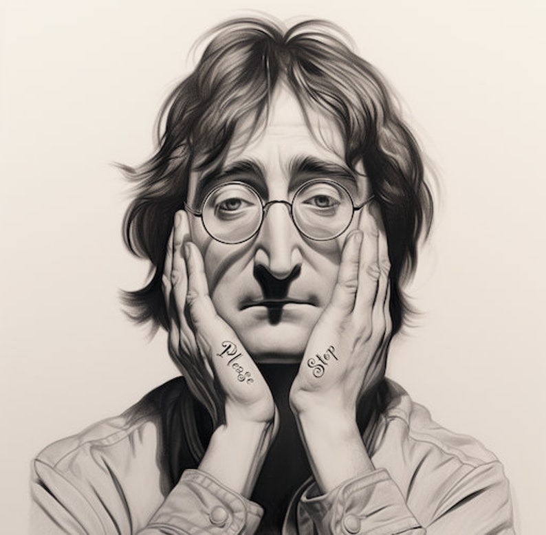John Lennon Caricature Art Pencil Image With Please Stop Tattoo - Etsy